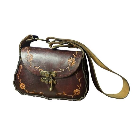 Vintage 60s 70s Hand Tooled Brown Leather Mexican Shoulder Bag Purse Boho Floral - Picture 1 of 8